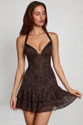 Embellished Halterneck A-line Mini Dress in Snake Hotfix