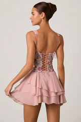 Embellished Ruffled Corset Mini Dress in Floral Pink