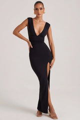 High Split Plunge Neck Maxi Dress in Black