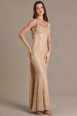 Premium Embellished Open-Back Maxi Dress in Gold