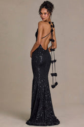 Premium Embellished Plunge Open-Back Gown in Black