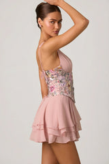 Embellished Ruffled Corset Mini Dress in Floral Pink