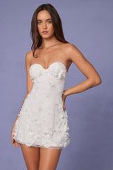 Embellished Bandeau A-line Mini Dress in White