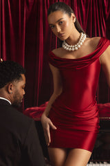Satin Off-Shoulder Draped Mini Dress in True Red