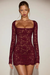 Sheer Scalloped-Lace Long-Sleeve Mini Dress in Wine Red