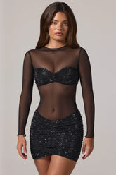 Sheer Embellished High-Neck Long Sleeve Mini Dress in Black