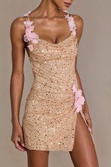 Premium Embellished Open-Back Mini Dress in Gold