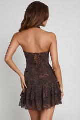 Embellished Halterneck A-line Mini Dress in Snake Hotfix