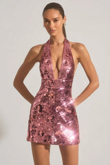 Sequin-Embellished Halterneck Mini Dress in Pink