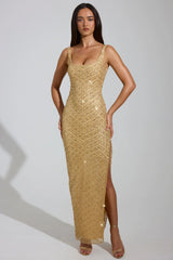 Embellished Scoop-Neck Thigh-Split Maxi Dress in Gold