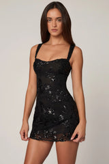 Embellished A-line Mini Dress in Black