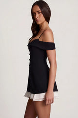 Off-Shoulder Ruffle A-Line Mini Dress in Black