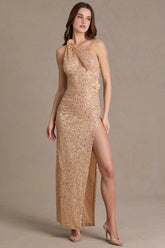 Premium Embellished Asymmetric One-Shoulder Maxi Dress in Beige Gold