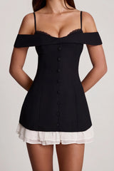 Off-Shoulder Ruffle A-Line Mini Dress in Black