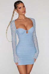 Embellished Long Sleeve Mini Dress in Blue