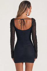 Embellished Long Sleeve Mini Dress in Black