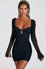 Embellished Long Sleeve Mini Dress in Black