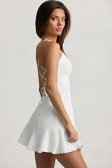 Drop-Waist Lace-Up Mini Dress in White