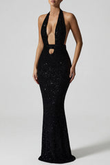 Embellished Cut-Out Open-Back Midaxi Dress in Black