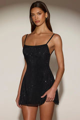 Embellished Soft-Scoop Backless Fitted Mini Dress in Black