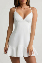 Drop-Waist Lace-Up Mini Dress in White