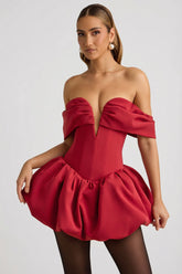 Off-Shoulder Layered Bubble Hem Corset Mini Dress in True Red
