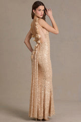 Premium Embellished Open-Back Maxi Dress in Gold