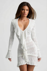 Ruffle-Trim Pointelle-Knit Mini Dress in White