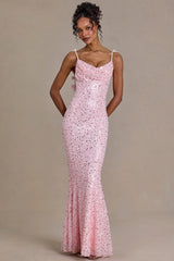 Premium Embellished Open-Back Maxi Dress in Baby Pink