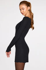 Ribbed Modal Long-Sleeve Laced Bra Mini Dress in Black
