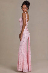 Premium Embellished Open-Back Maxi Dress in Baby Pink