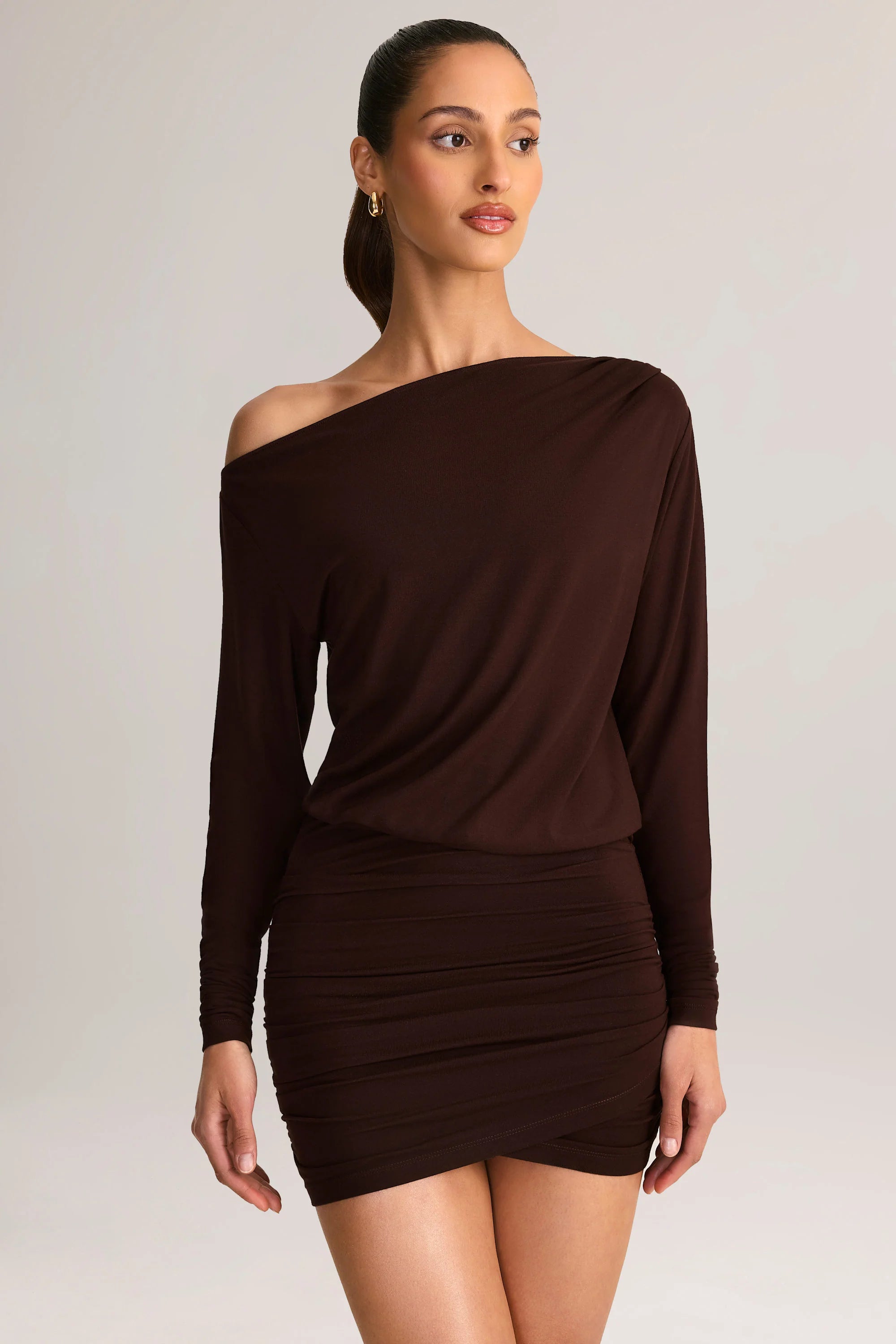 Modal Off-Shoulder Wrap Mini Dress in Chocolate Brown