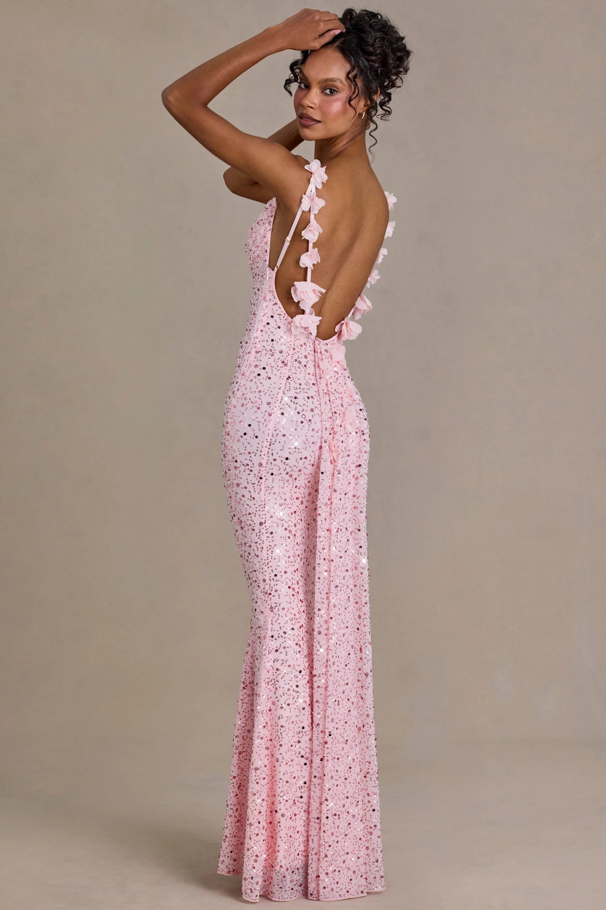 Premium Embellished Open-Back Maxi Dress in Baby Pink
