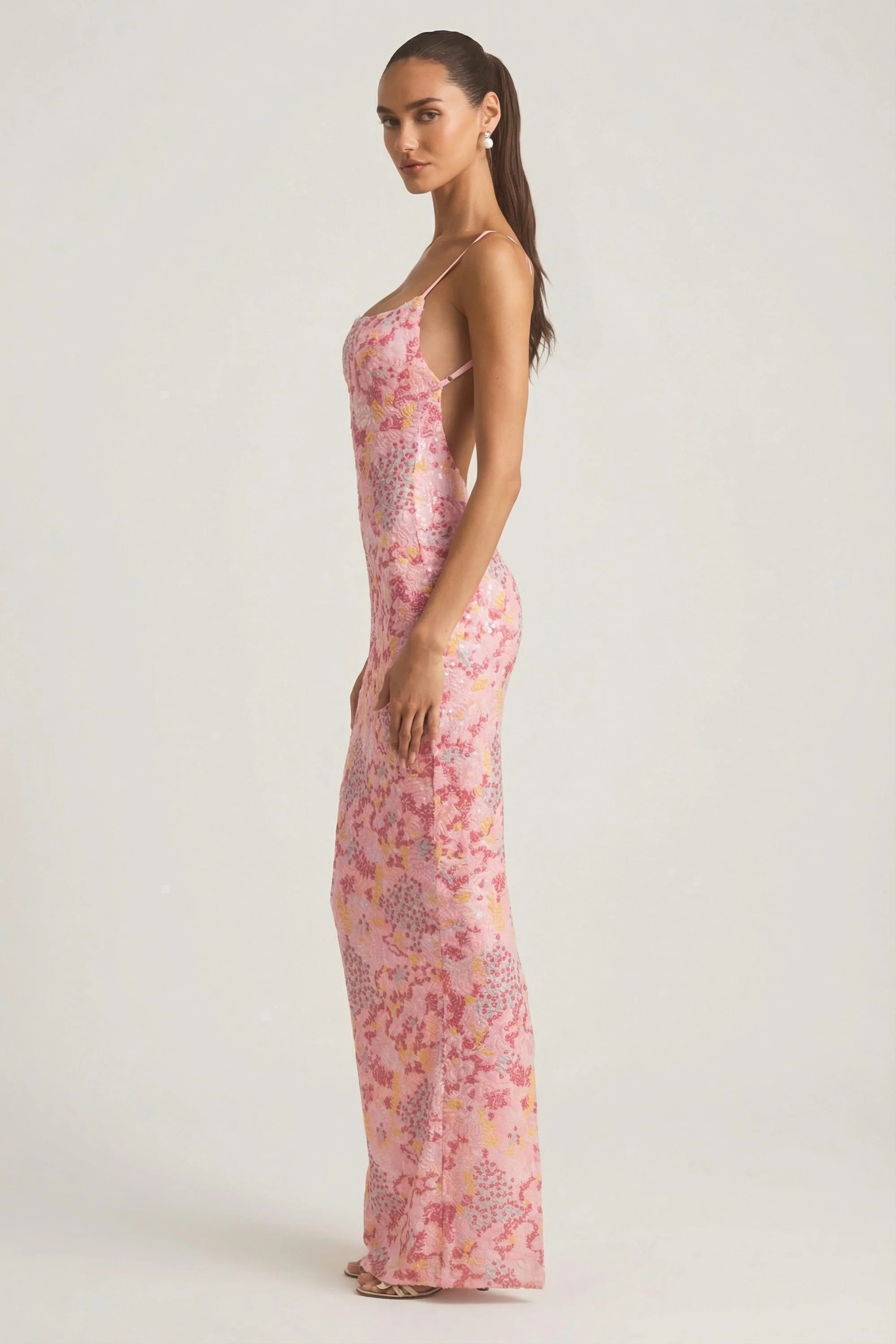 Embellished Scoop-Neck Backless Maxi Dress in Pink
