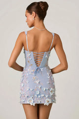 Embellished Appliqué Corset Mini Dress in Sky Blue