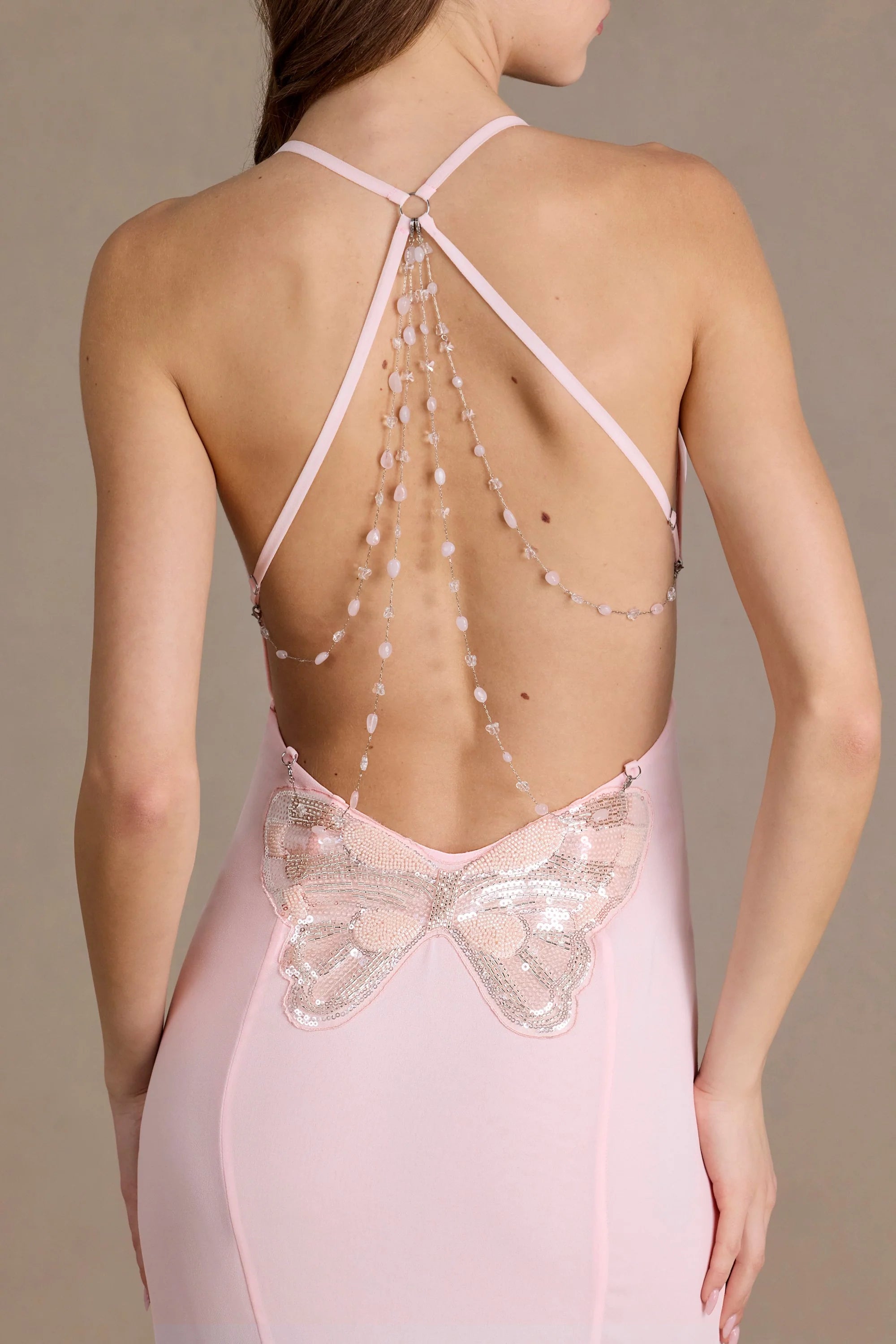 Premium Chiffon Cowl-Neck Open-Back Gown in Baby Pink