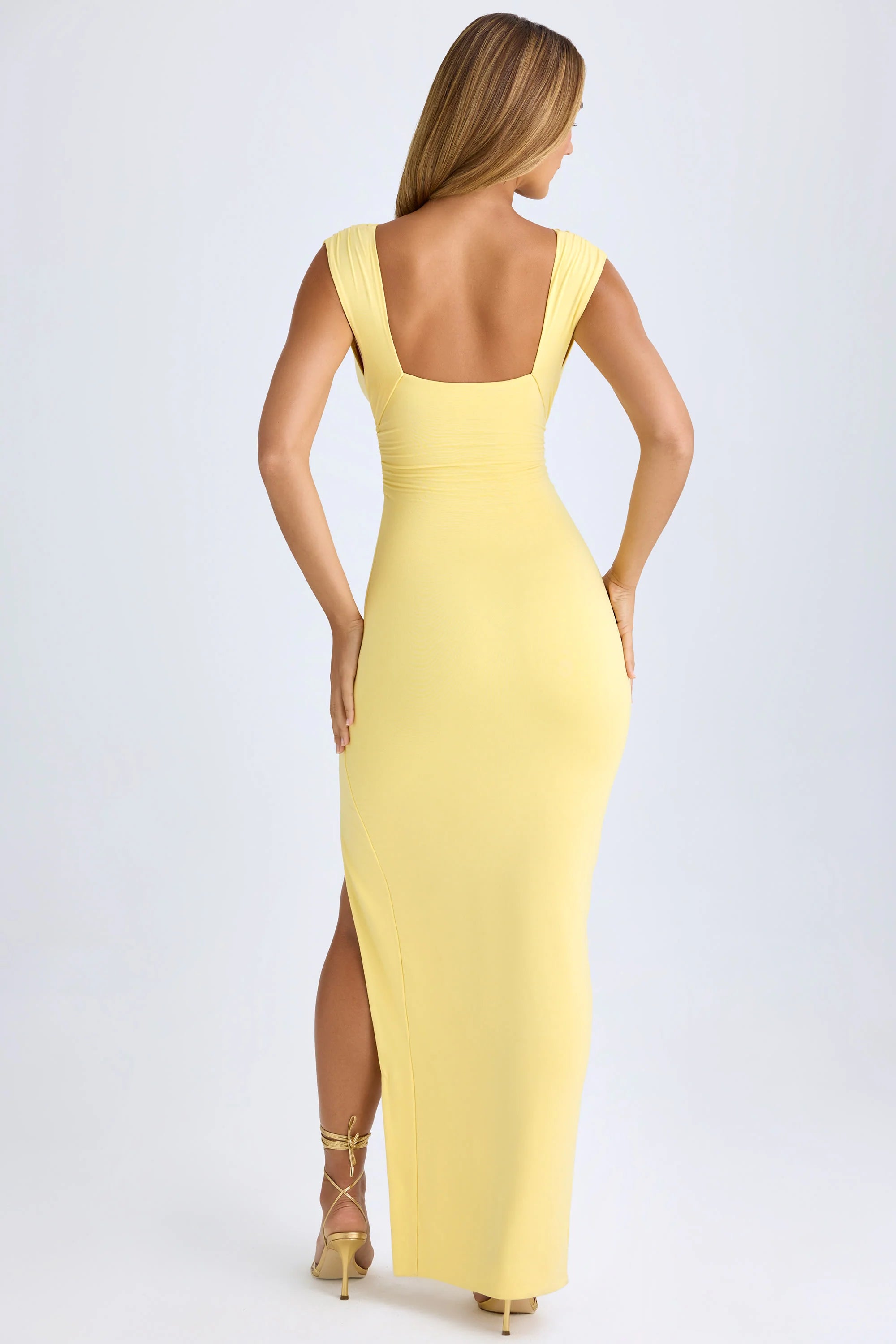 Modal Plunge-Neck Thigh-Split Maxi Dress in Lemon Sherbet