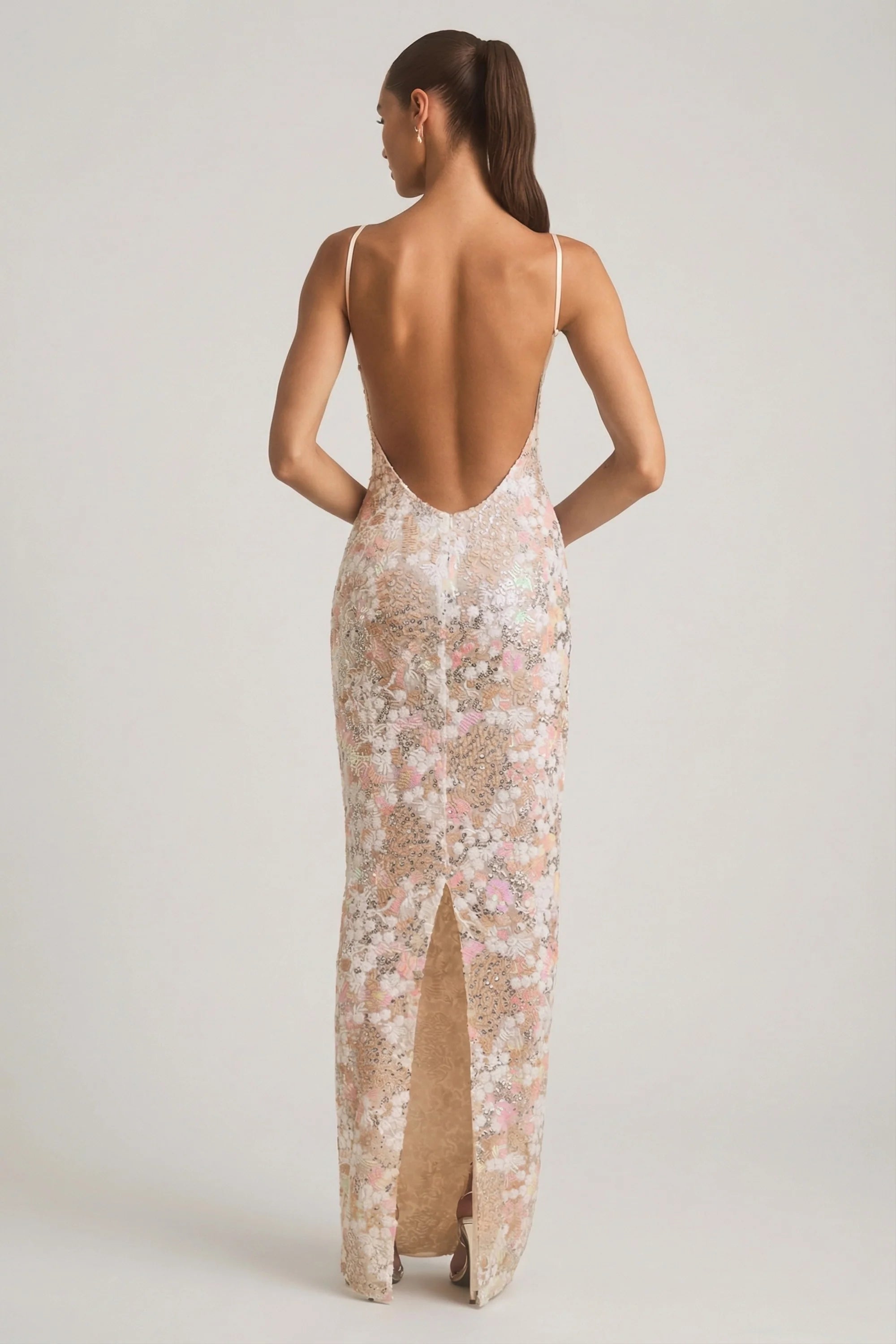 Embellished Scoop-Neck Backless Maxi Dress in Ivory