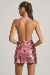 Sequin-Embellished Halterneck Mini Dress in Pink