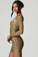 Embellished Sweetheart-Neck Mini Dress in Gold