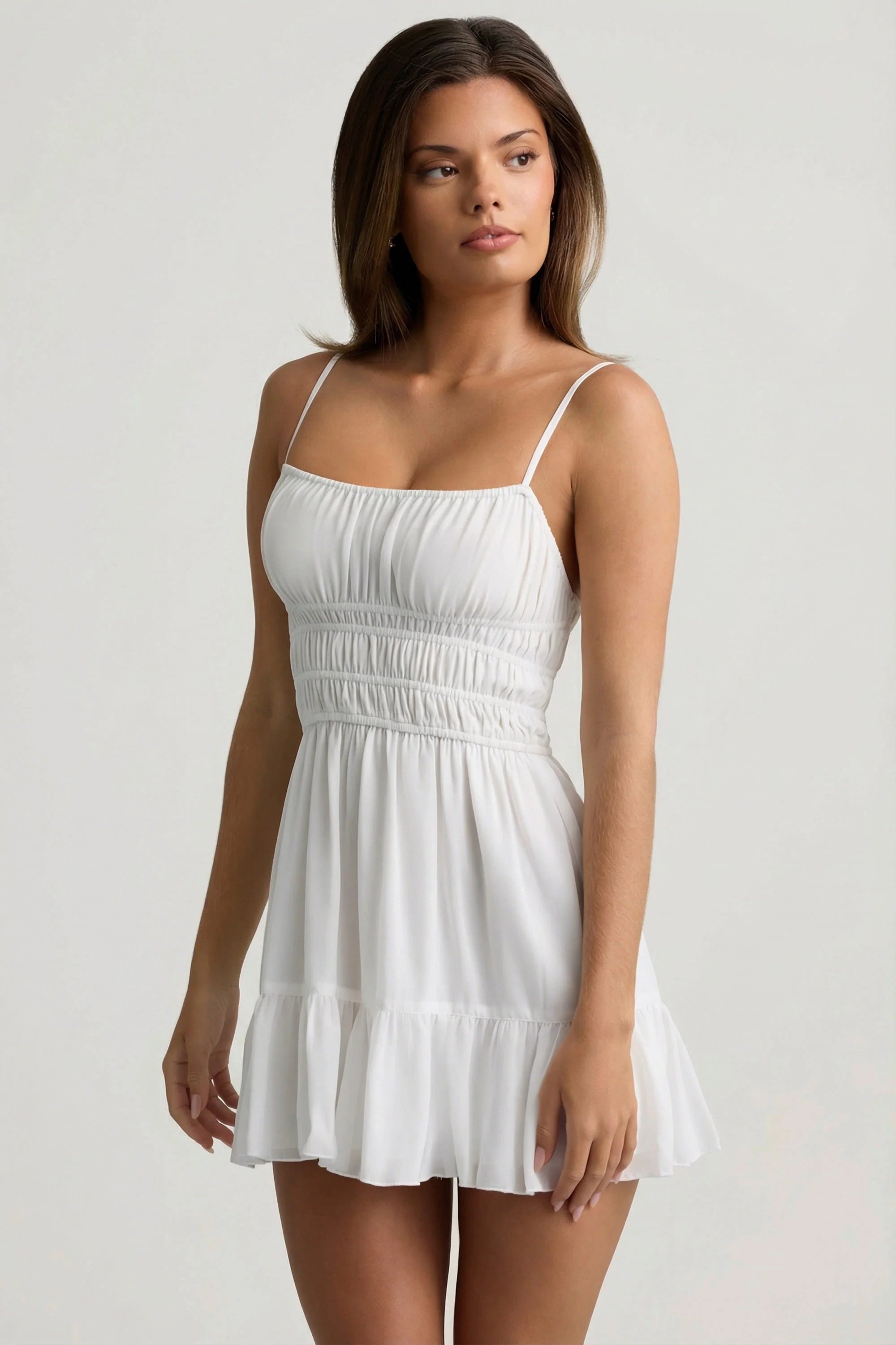 Shirred Camisole Mini Dress in White
