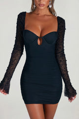 Embellished Long Sleeve Mini Dress in Black