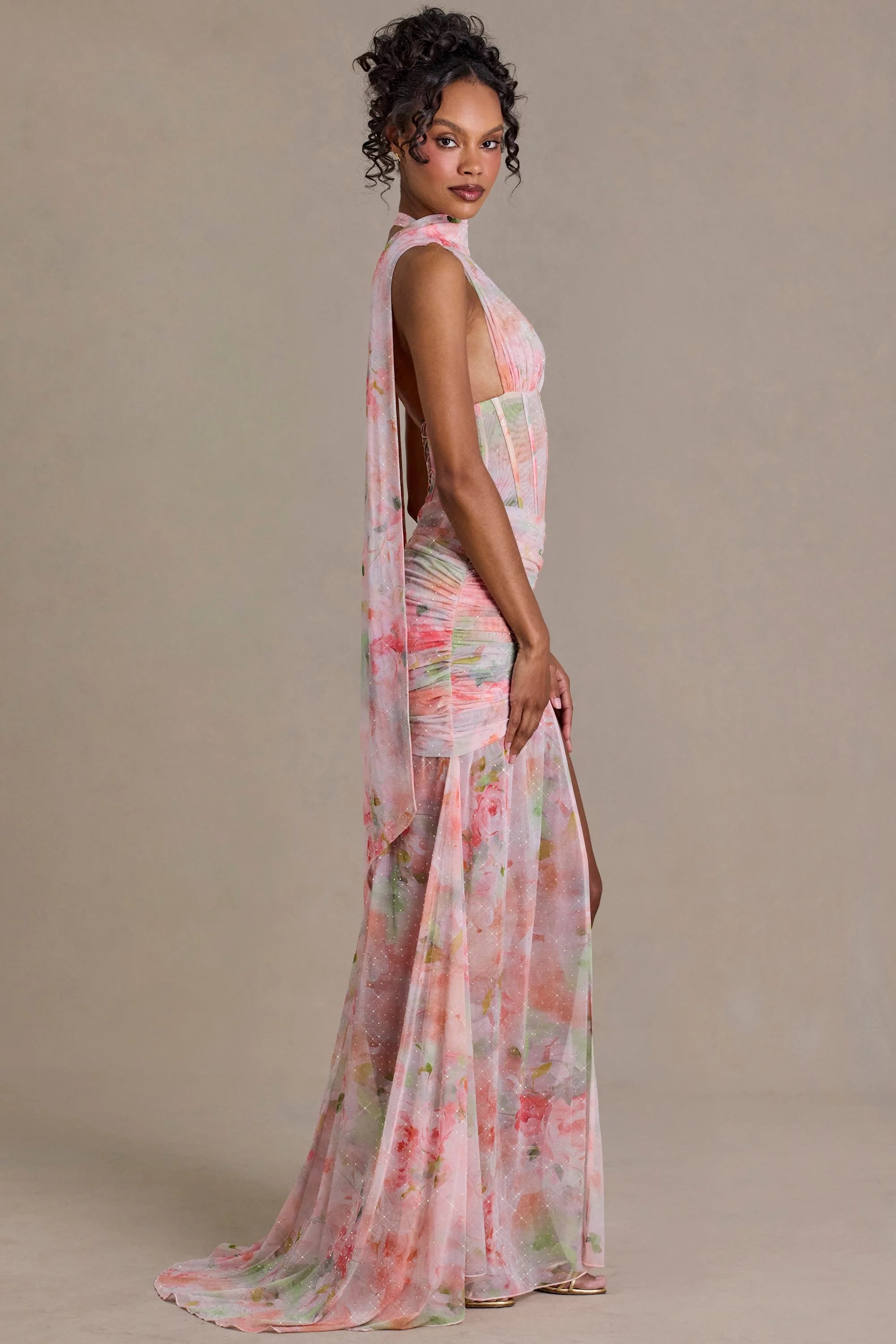 Premium Embellished Scarf-Detail Maxi Dress in Pink Floral Print