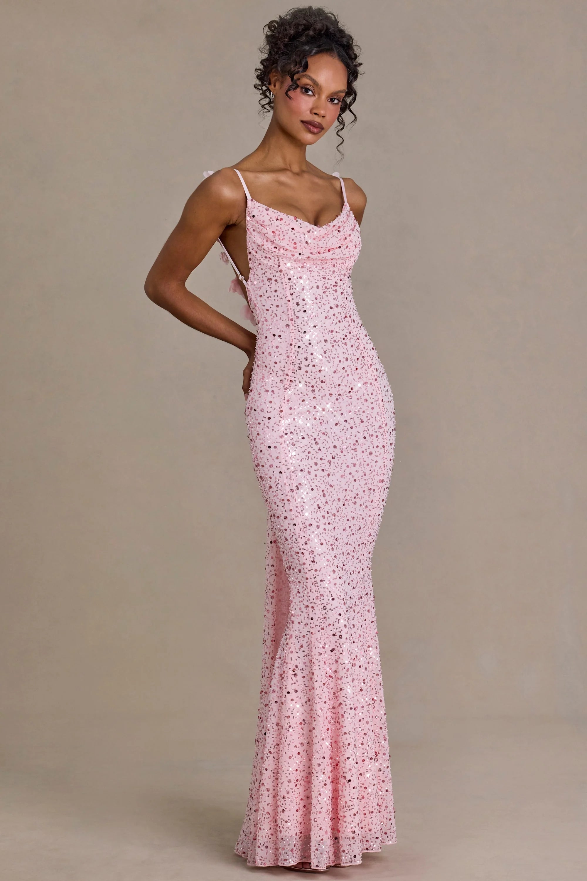 Premium Embellished Open-Back Maxi Dress in Baby Pink