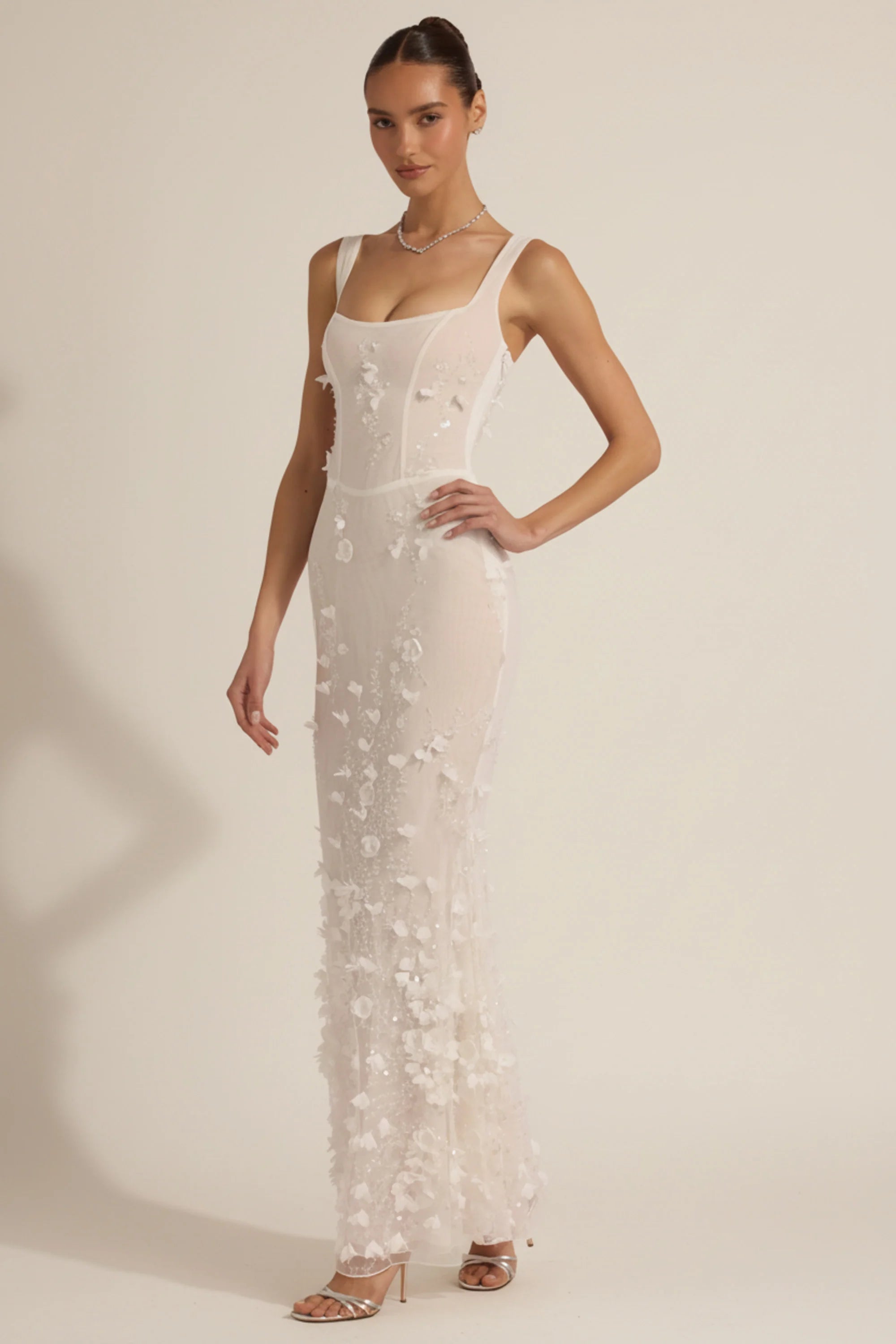 Embellished Appliqué Soft-Scoop Corset Gown in White