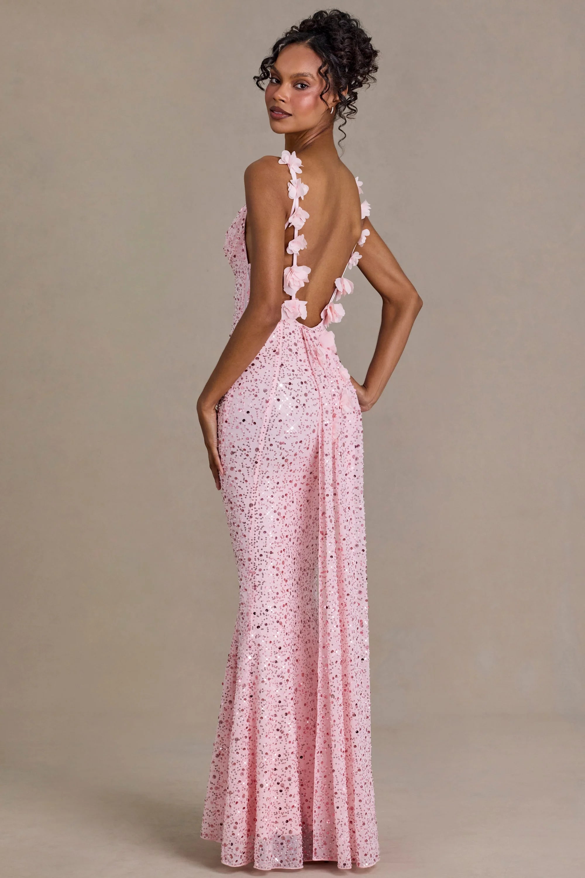 Premium Embellished Open-Back Maxi Dress in Baby Pink