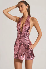 Sequin-Embellished Halterneck Mini Dress in Pink
