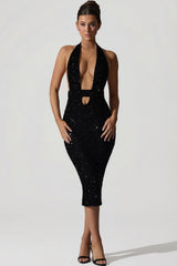 Embellished Cut-Out Open-Back Midaxi Dress in Black