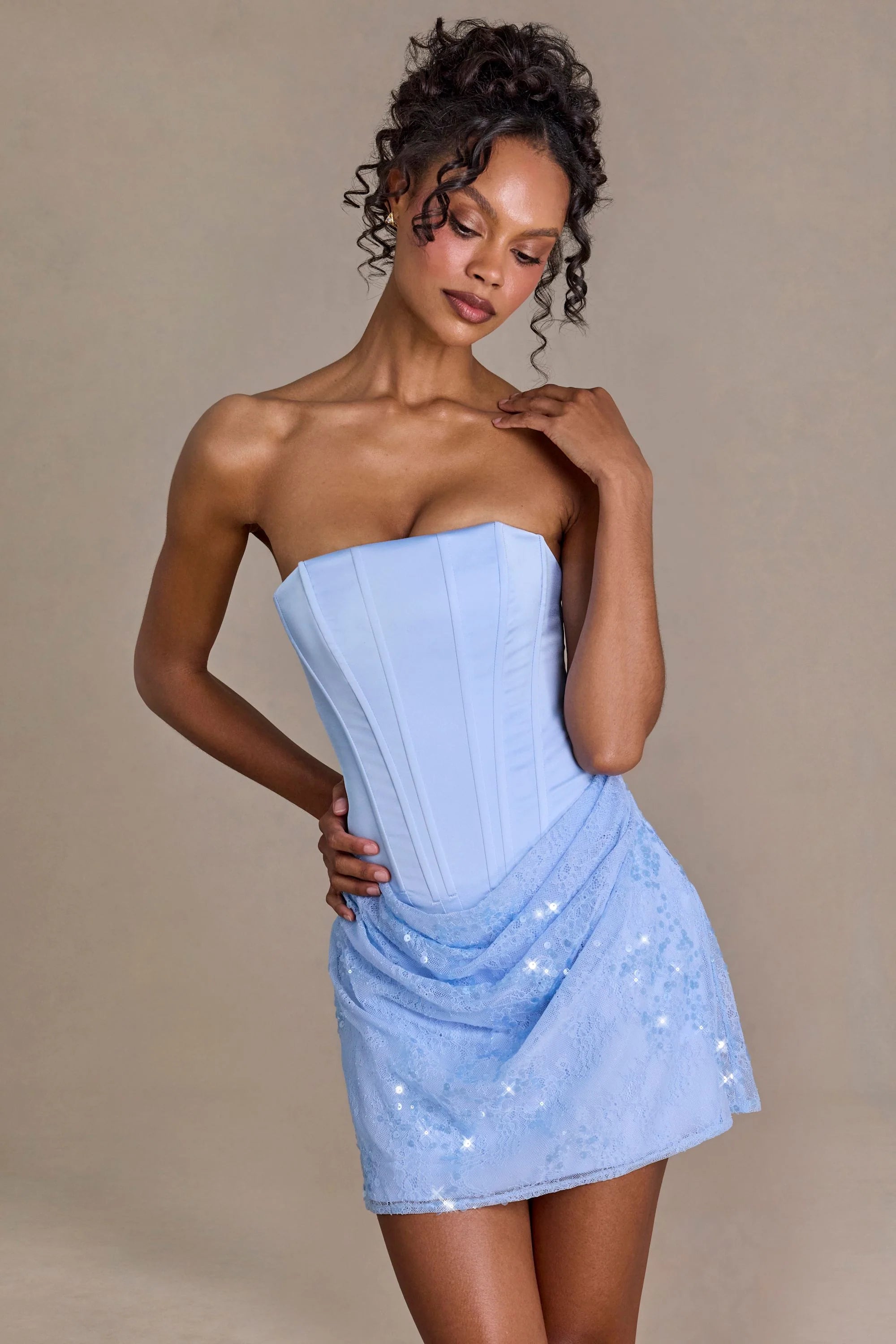 Premium Satin Embellished Skirt Mini Dress in Sky Blue