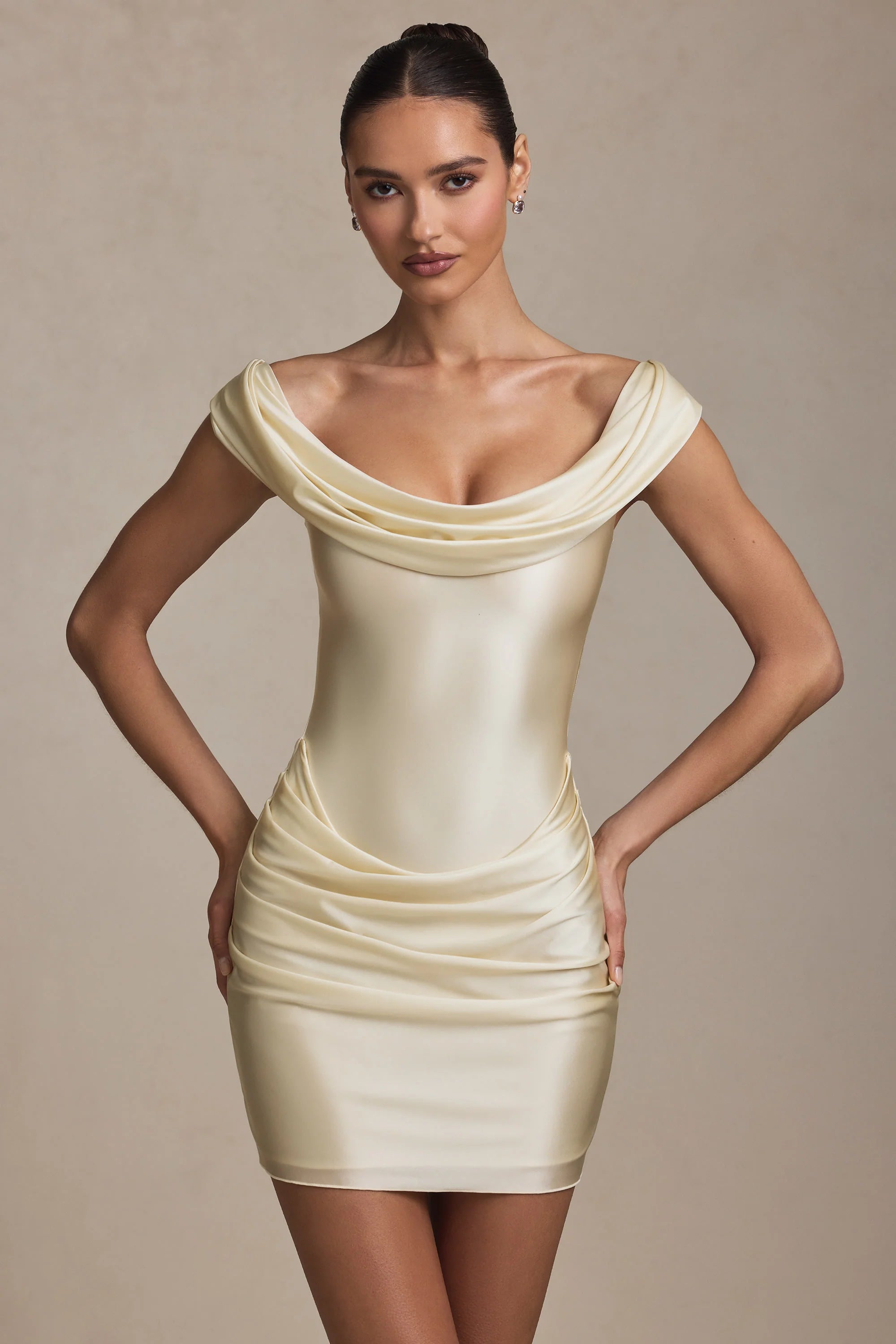 Satin Off-Shoulder Draped Mini Dress in Ivory
